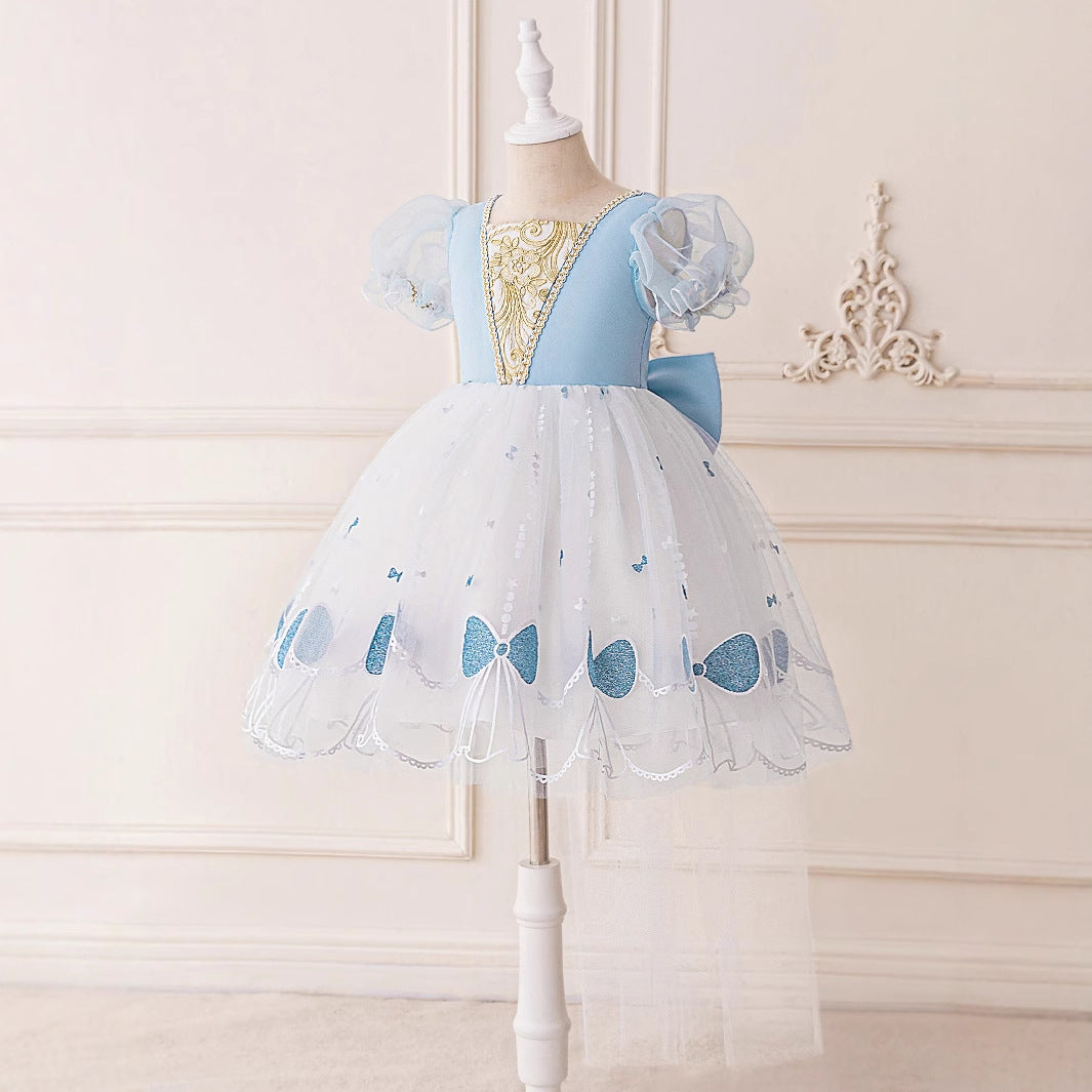 Frocklet Light Blue Puff Sleeve Tulle Flower Girl Dress with Lace & Bow | Party & Wedding 3
