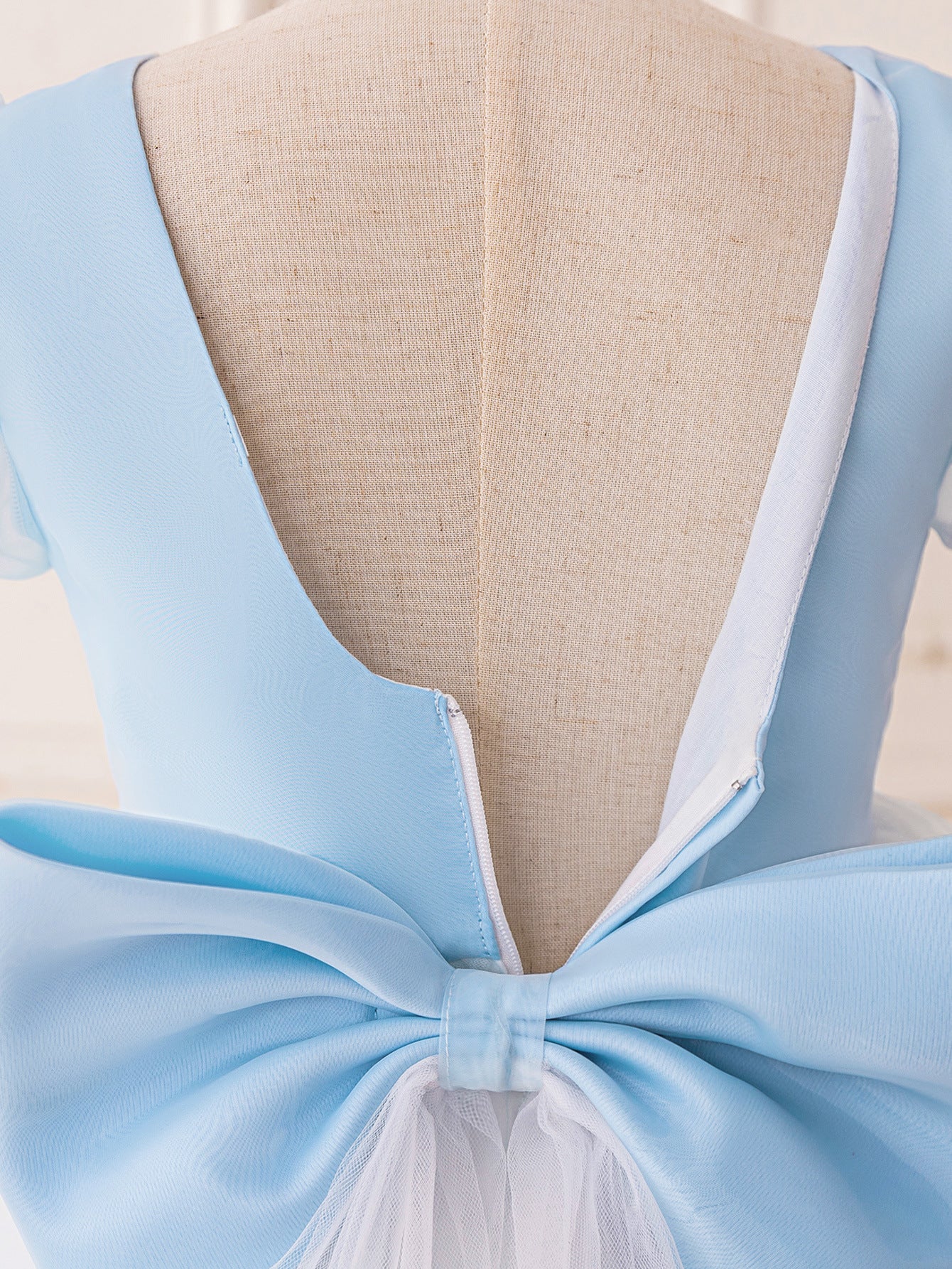 Frocklet Light Blue Puff Sleeve Tulle Flower Girl Dress with Lace & Bow | Party & Wedding 4