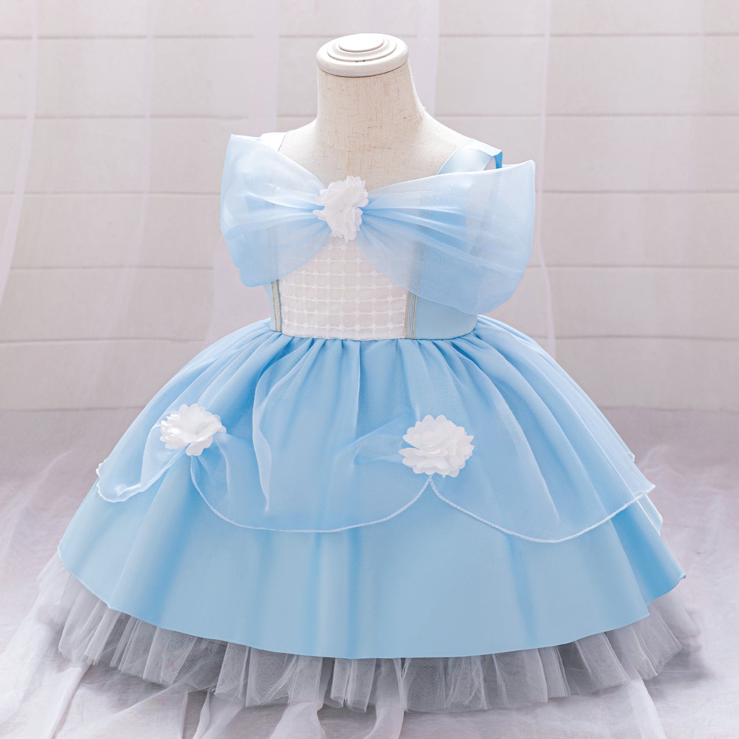 Light Blue Puffy Flower Girl Dress for Parties & Celebrations | Princess Tea-Length Gown