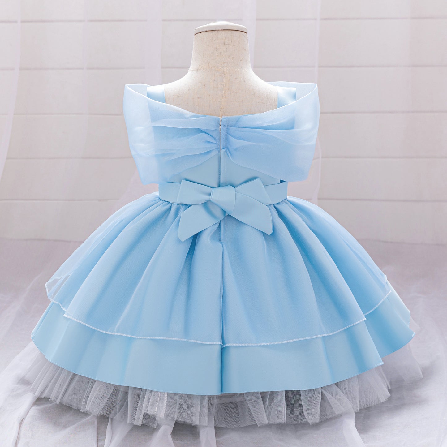 Light Blue Puffy Flower Girl Dress for Parties & Celebrations | Princess Tea-Length Gown