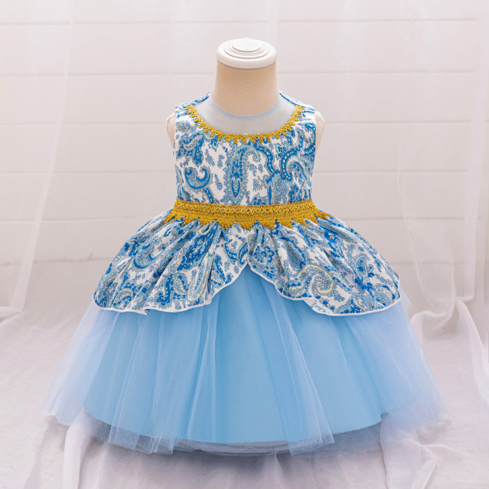 Light Blue Puffy Ball Gown Floral Dress for Girls – Tea Length Princess Party Outfit
