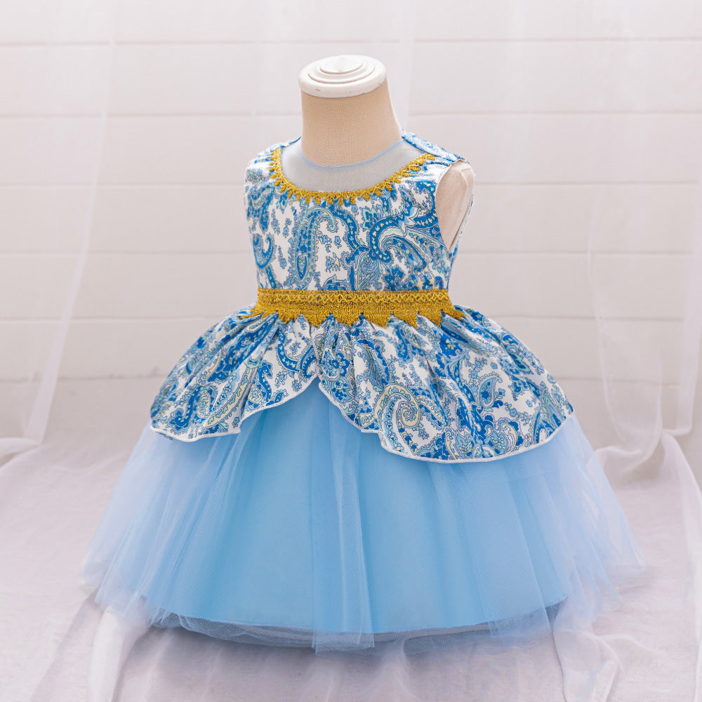 Light Blue Puffy Ball Gown Floral Dress for Girls – Tea Length Princess Party Outfit