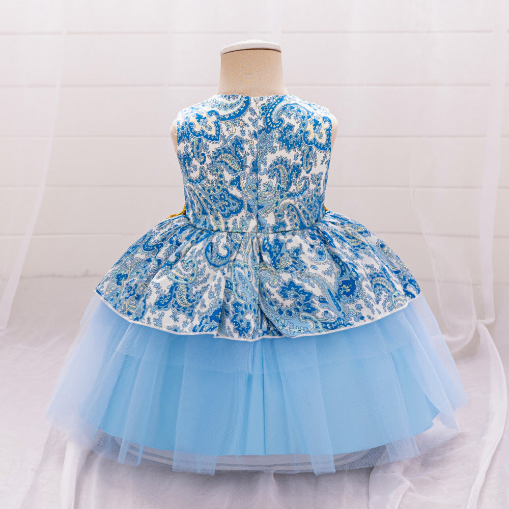 Light Blue Puffy Ball Gown Floral Dress for Girls – Tea Length Princess Party Outfit