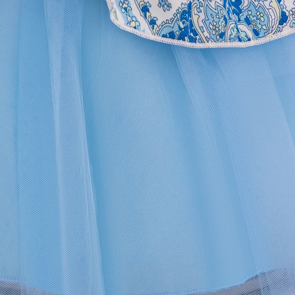 Light Blue Puffy Ball Gown Floral Dress for Girls – Tea Length Princess Party Outfit