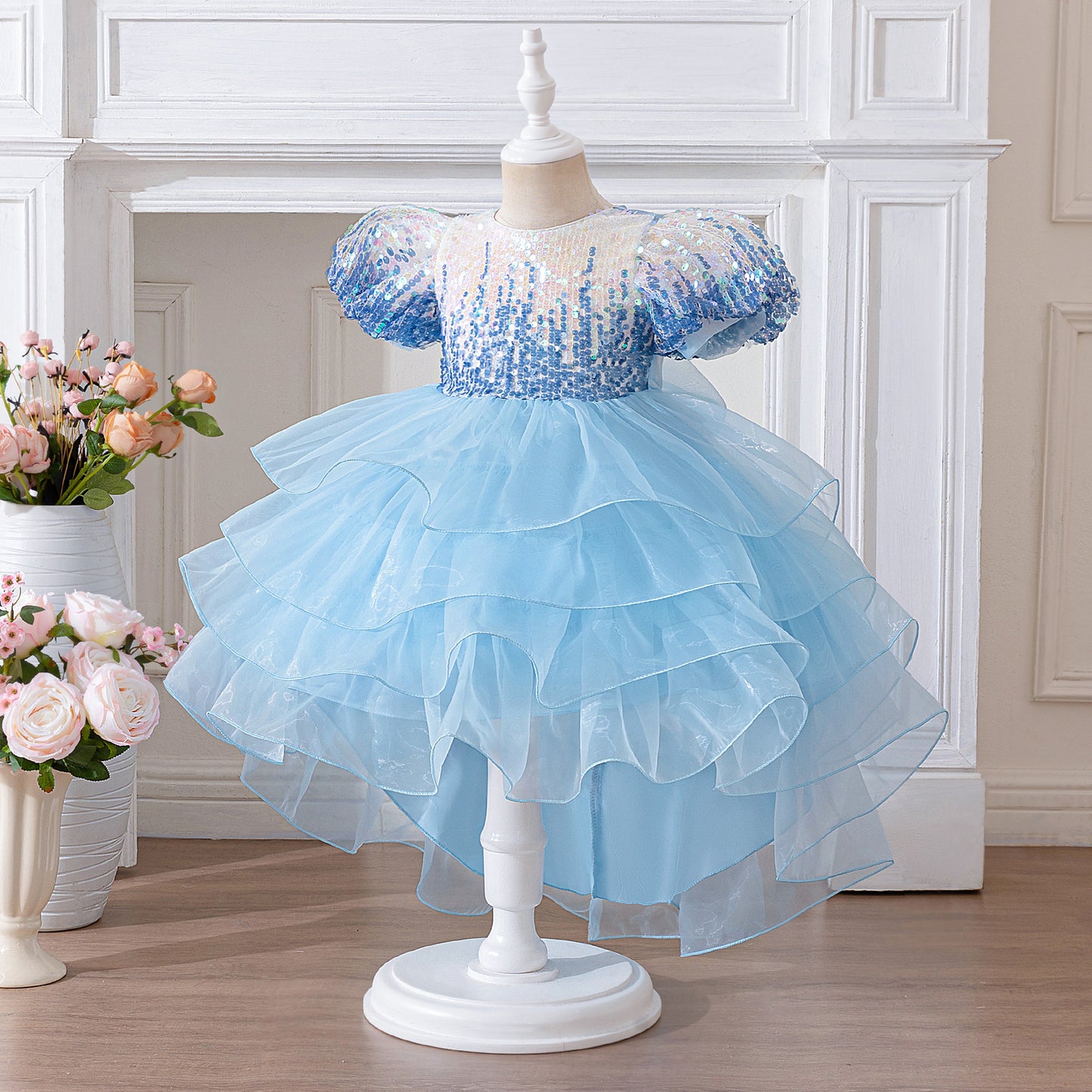 Light Blue Princess Puffy Ball Gown for Girls – Sequin Tiered High-Low Dress