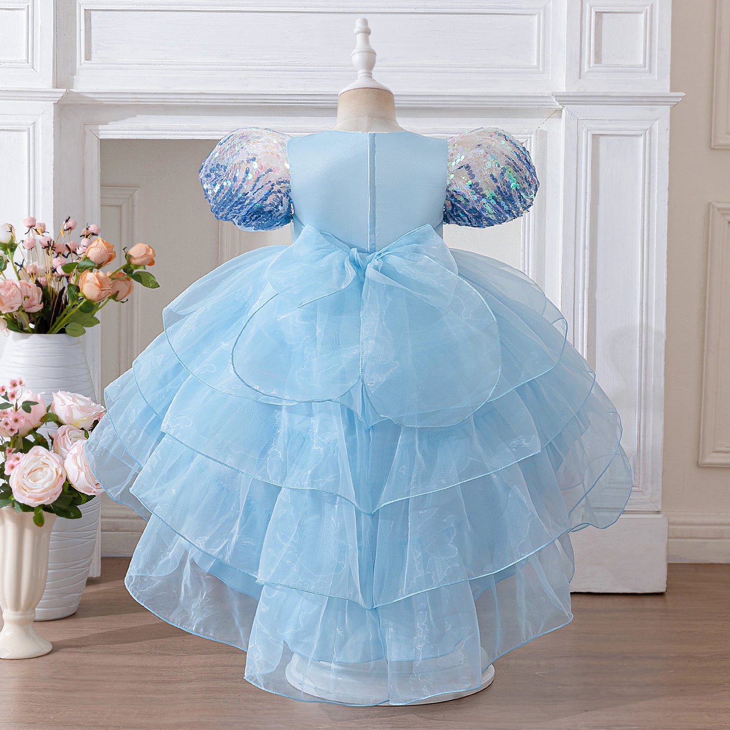 Light Blue Princess Puffy Ball Gown for Girls – Sequin Tiered High-Low Dress