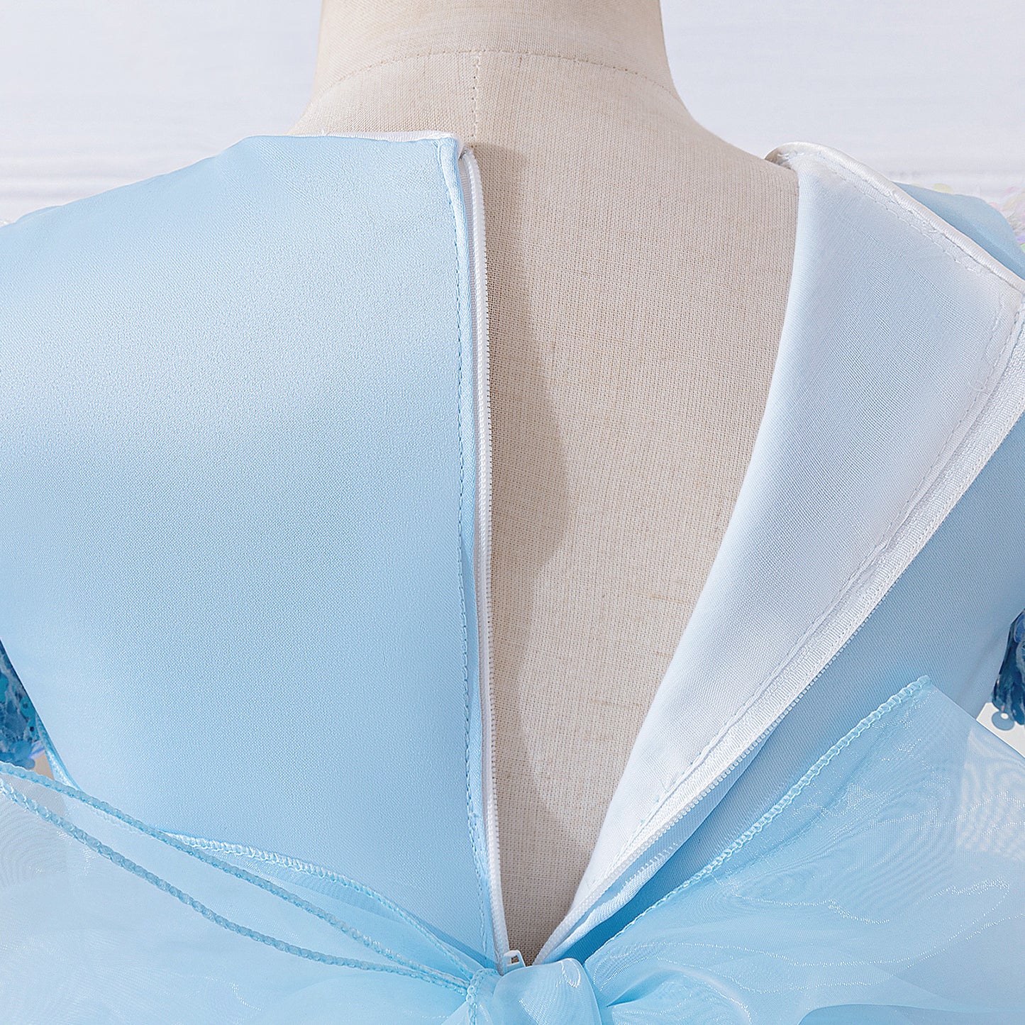 Light Blue Princess Puffy Ball Gown for Girls – Sequin Tiered High-Low Dress