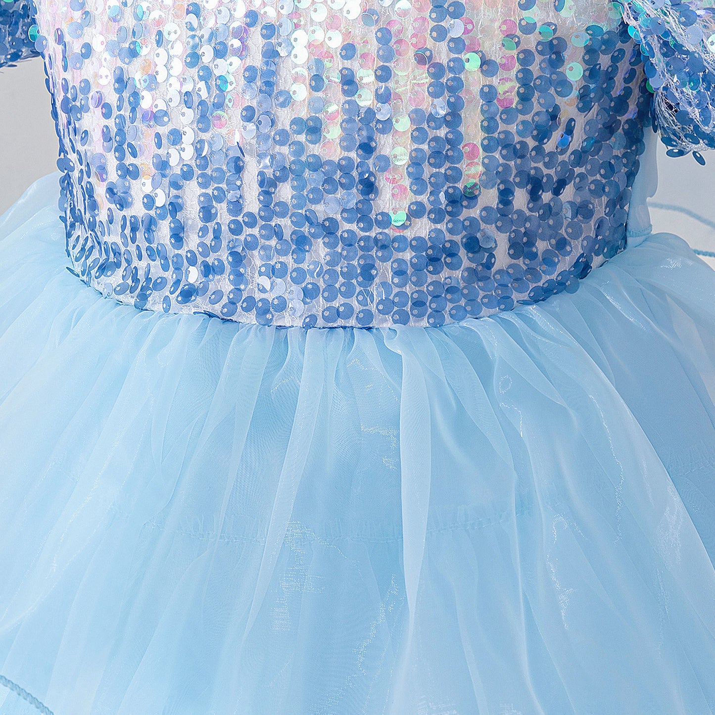 Light Blue Princess Puffy Ball Gown for Girls – Sequin Tiered High-Low Dress