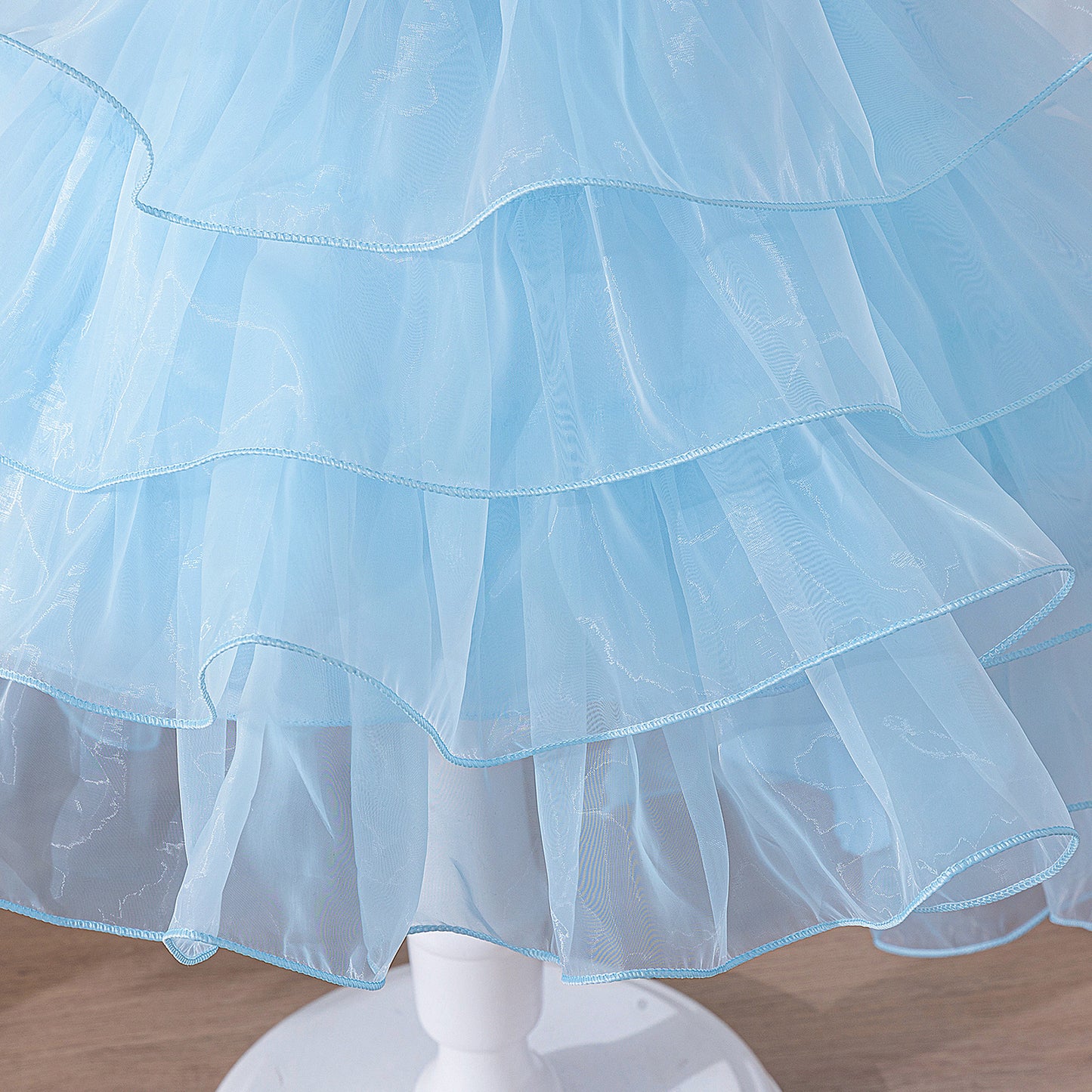 Light Blue Princess Puffy Ball Gown for Girls – Sequin Tiered High-Low Dress