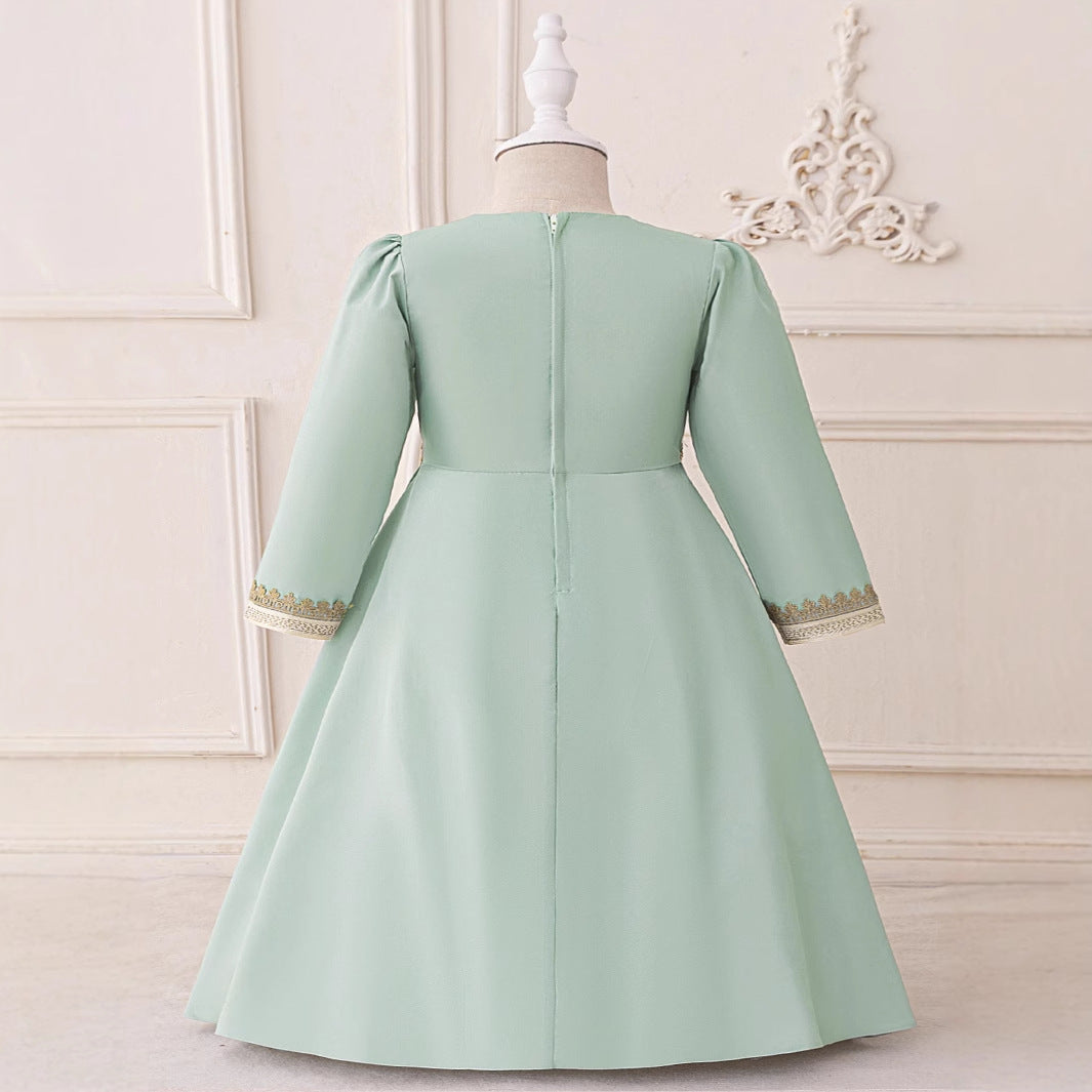 Light Green Lace A-Line Maxi Dress for Girls with V-Neck & Long Sleeves