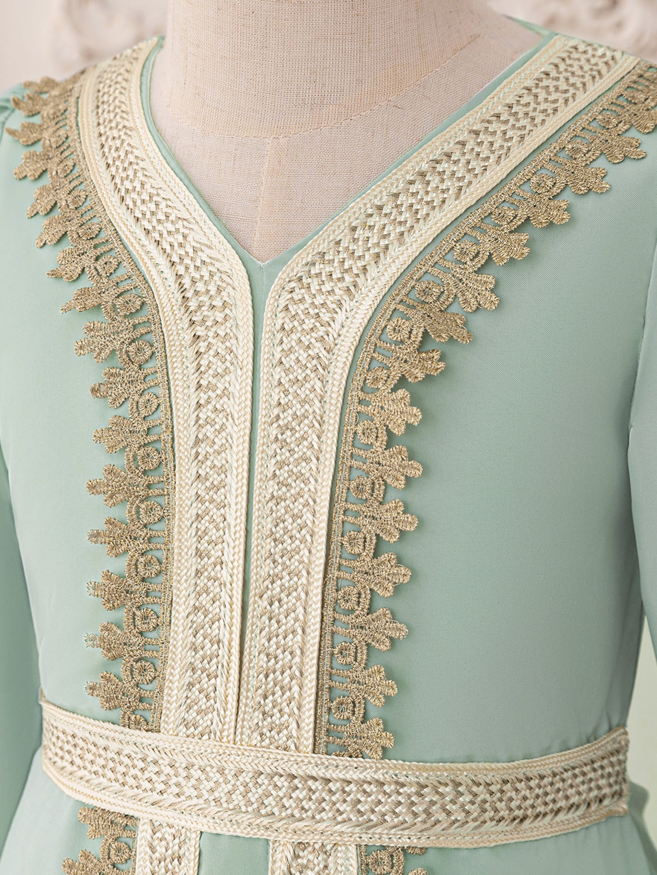 Light Green Lace A-Line Maxi Dress for Girls with V-Neck & Long Sleeves