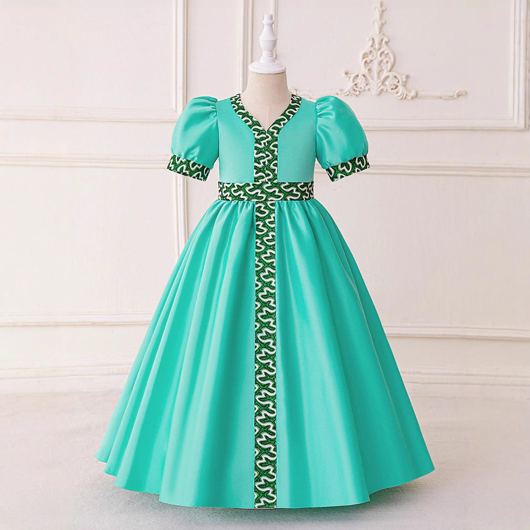 Cute Light Green A-Line Puff Sleeve Maxi Dress for Girls 3-8Y | Party, Wedding & Events