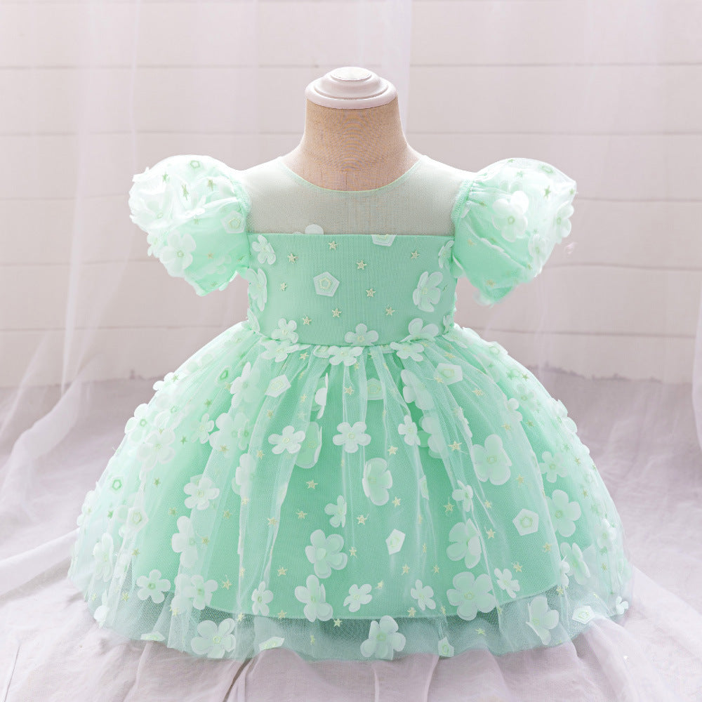 Frocklet Light Green Ball Gown with Puff Sleeves for Girls | Cute Princess Tea-Length Dress 1
