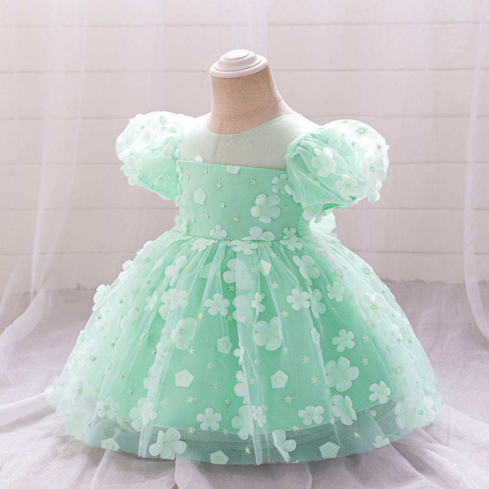 Frocklet Light Green Ball Gown with Puff Sleeves for Girls | Cute Princess Tea-Length Dress 2