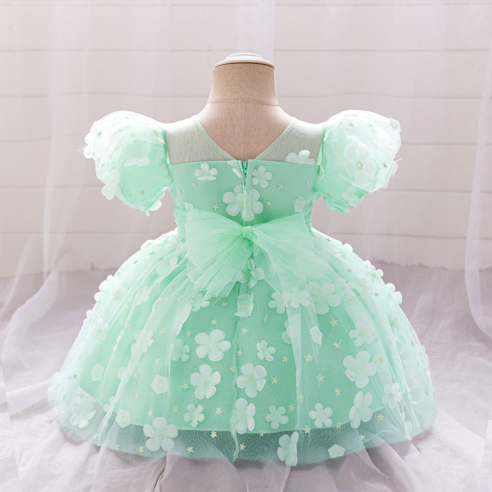 Frocklet Light Green Ball Gown with Puff Sleeves for Girls | Cute Princess Tea-Length Dress 3