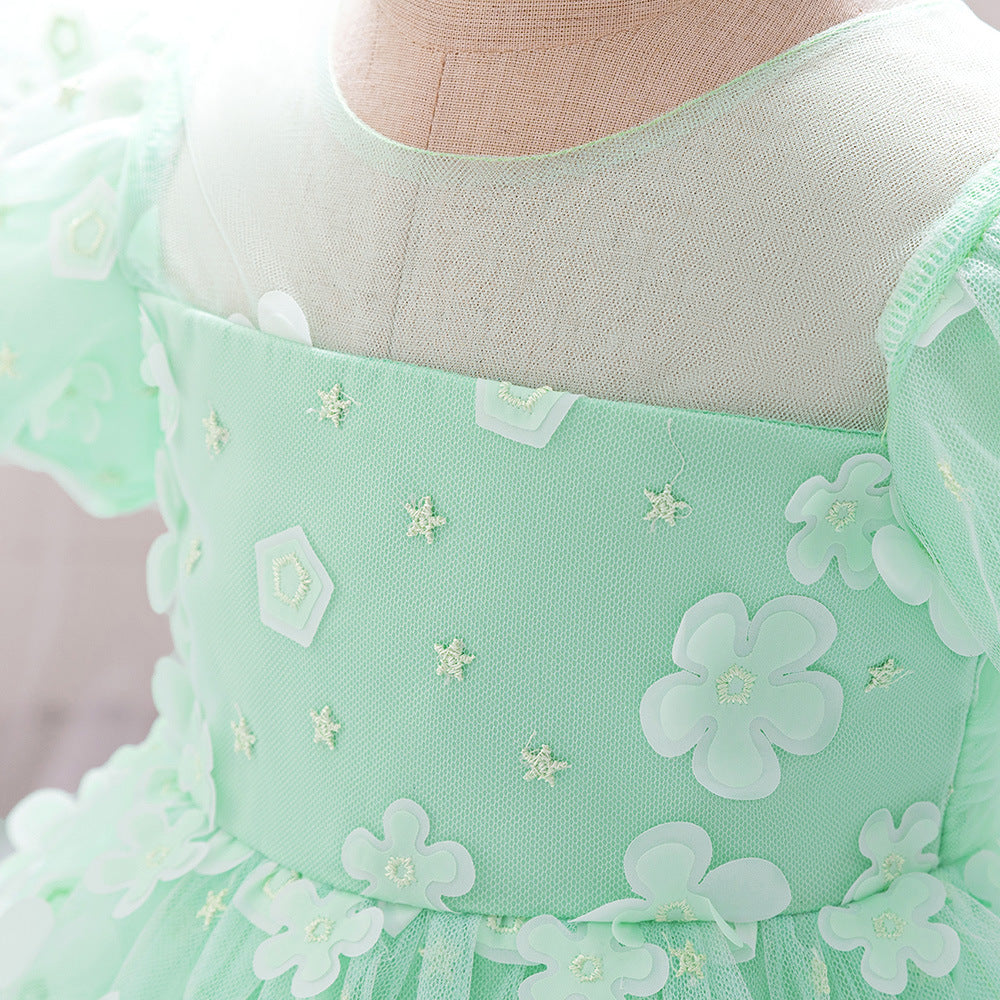 Frocklet Light Green Ball Gown with Puff Sleeves for Girls | Cute Princess Tea-Length Dress 5