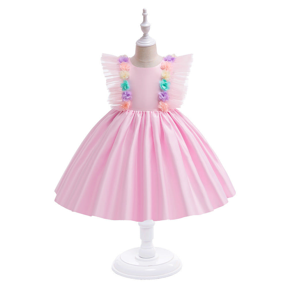 Light Pink A-Line Satin Girls Dress with Flowers & Bowknot | Tea Length Party Dress