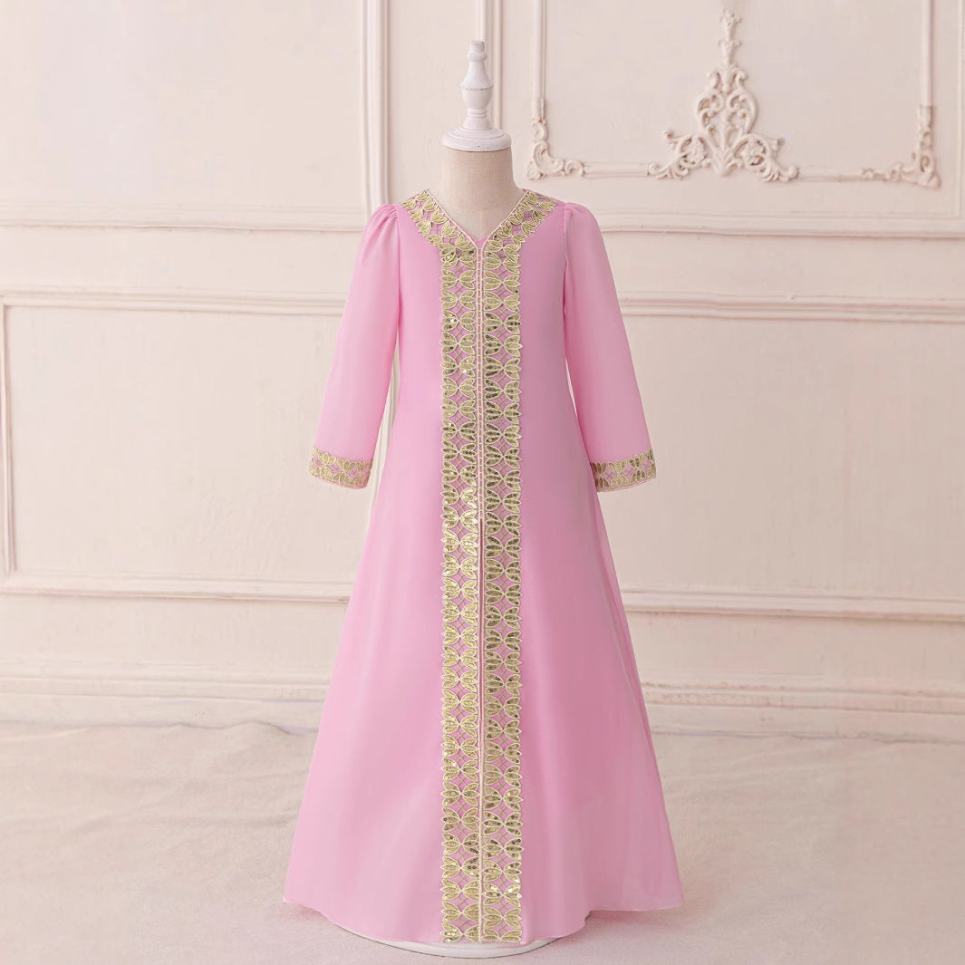 Light Pink Maxi Mesh Dress with Embroidery & Bow for Girls (Ages 3-8)