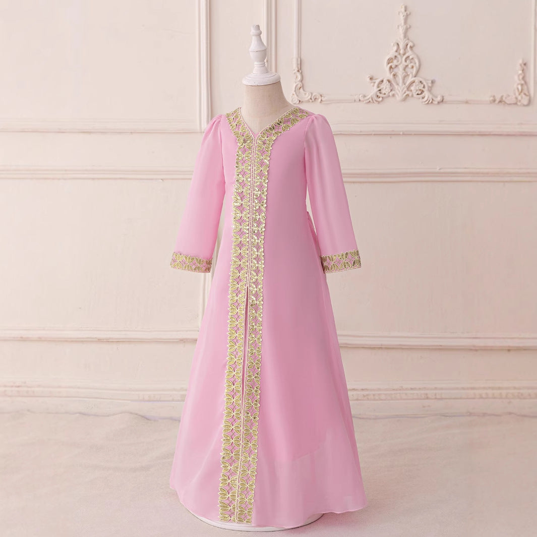 Light Pink Maxi Mesh Dress with Embroidery & Bow for Girls (Ages 3-8)