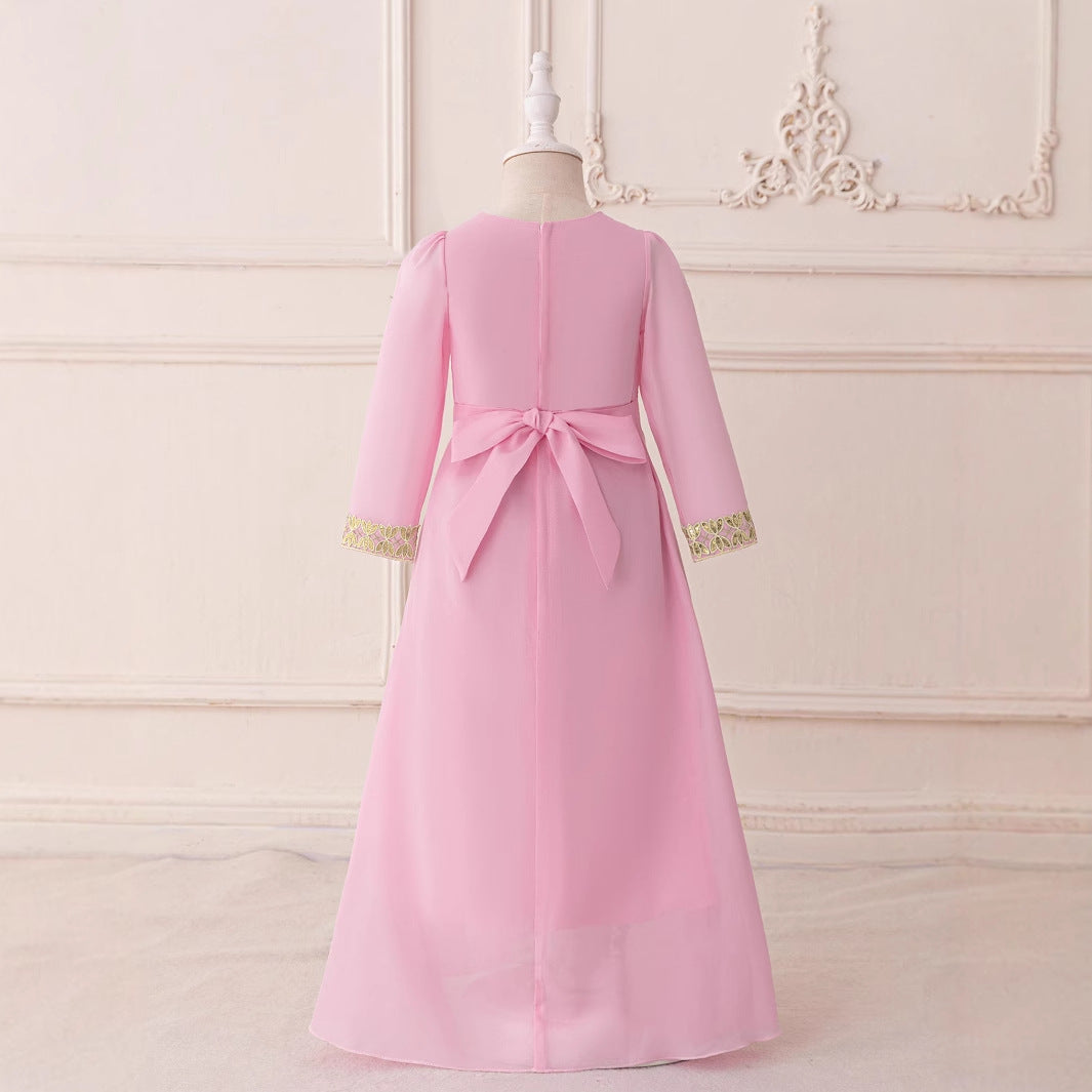 Light Pink Maxi Mesh Dress with Embroidery & Bow for Girls (Ages 3-8)