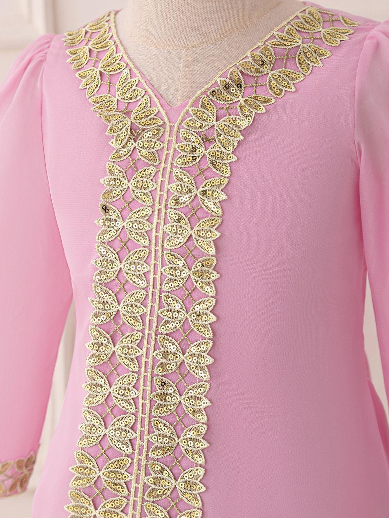 Light Pink Maxi Mesh Dress with Embroidery & Bow for Girls (Ages 3-8)