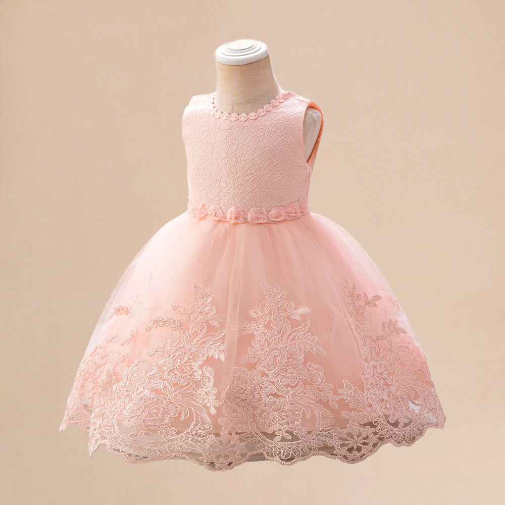 Light Pink Girls' Floral Tulle Princess Dress | A-line Tea Length Flower Girl Dress
