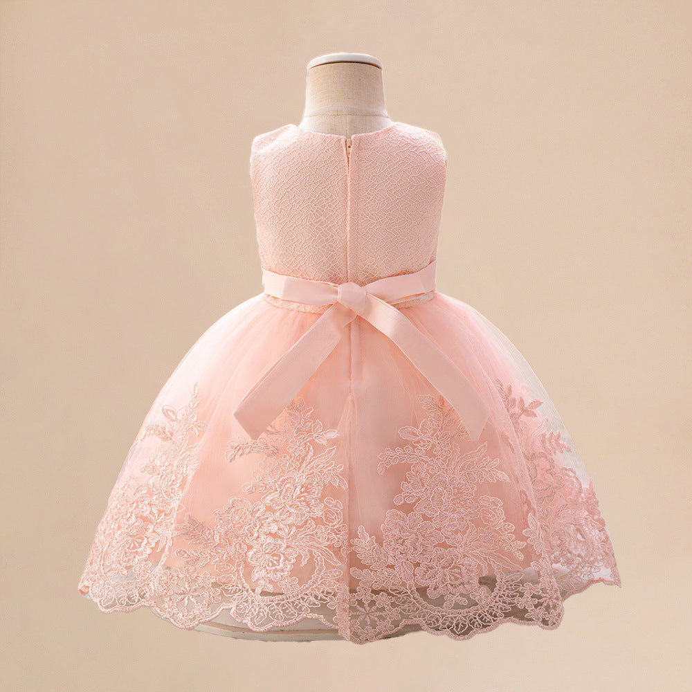 Light Pink Girls' Floral Tulle Princess Dress | A-line Tea Length Flower Girl Dress