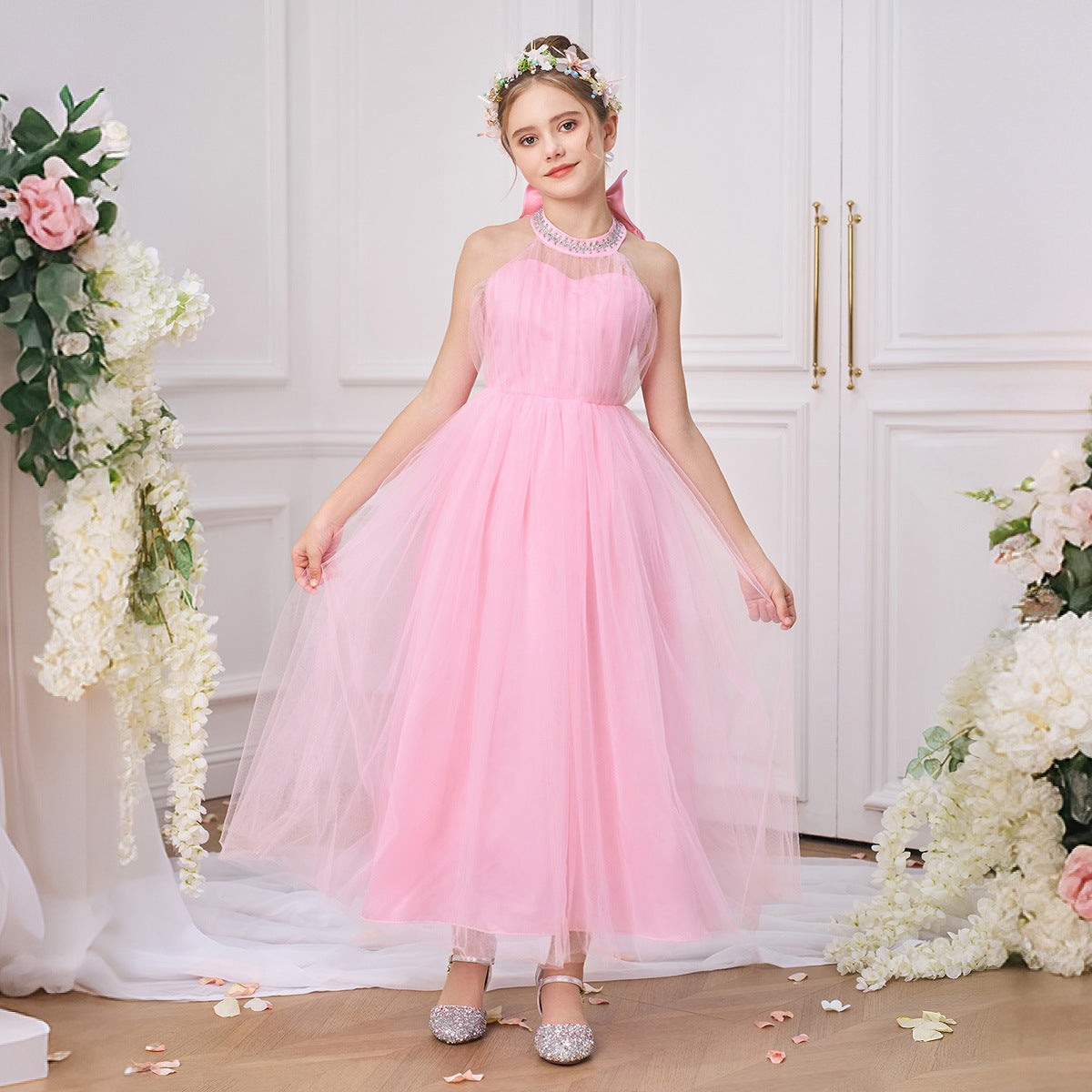 Light Pink Tulle Halter Princess Party Dress for Girls (5-13 Years)