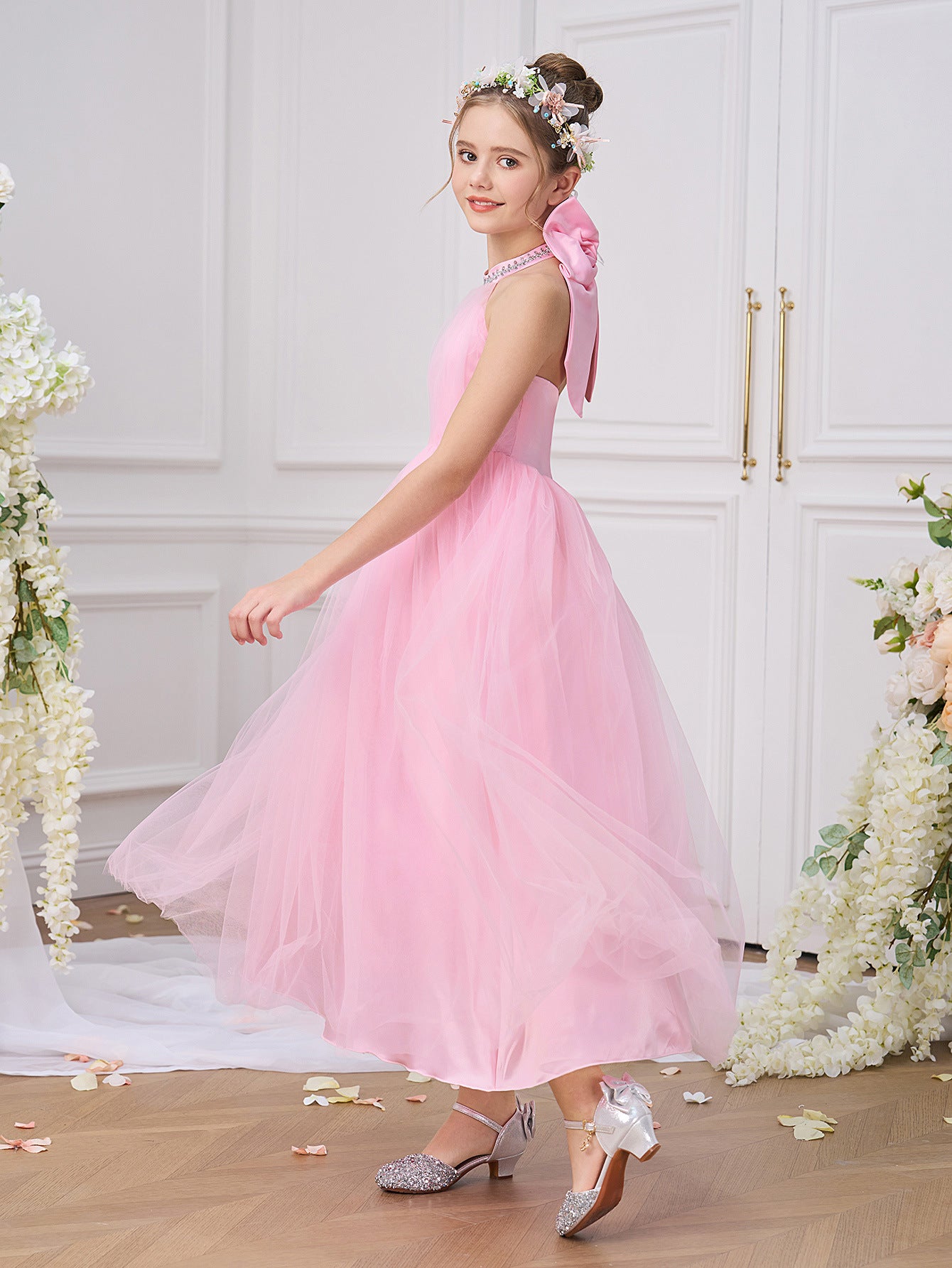Light Pink Tulle Halter Princess Party Dress for Girls (5-13 Years)