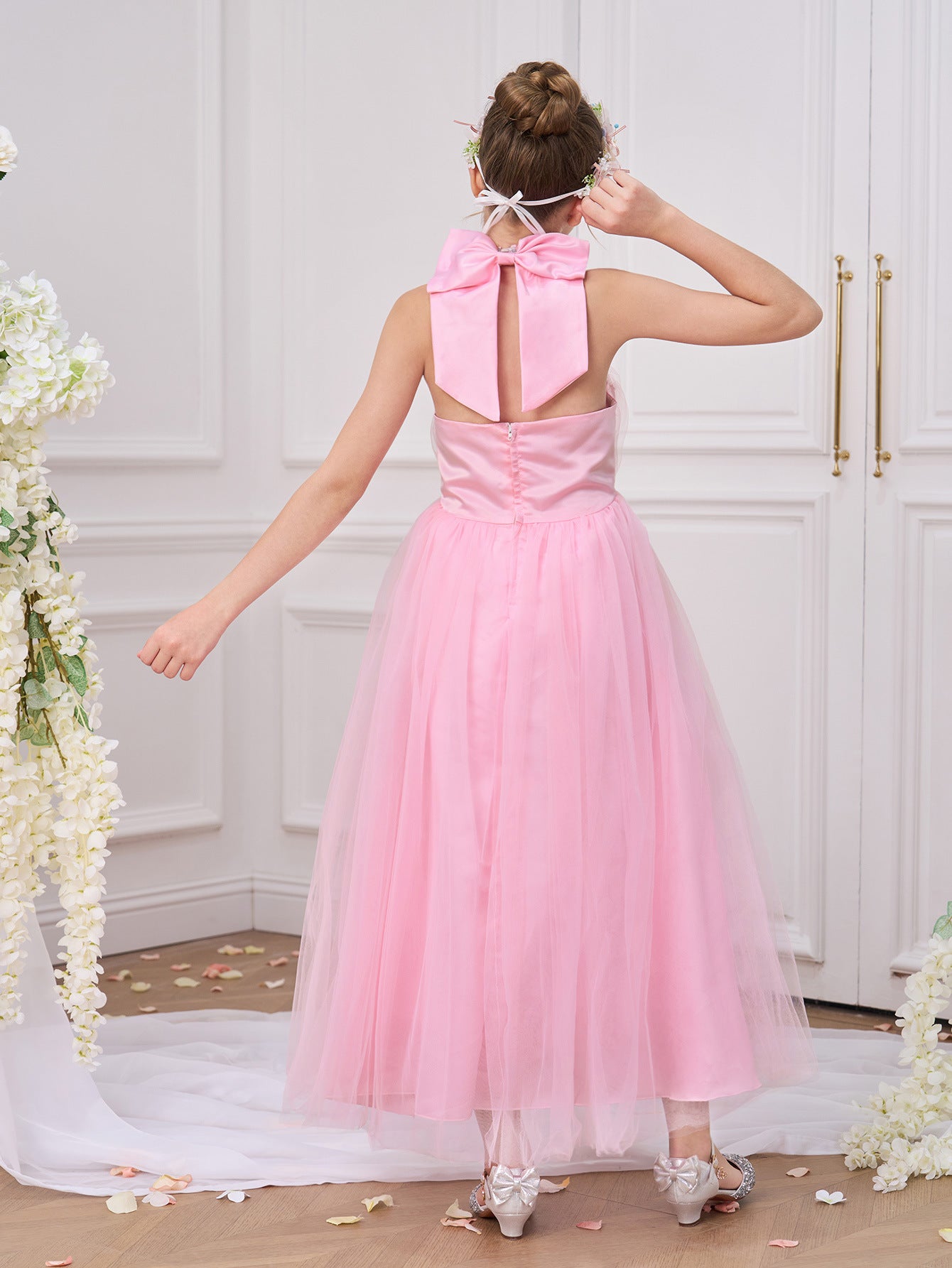 Light Pink Tulle Halter Princess Party Dress for Girls (5-13 Years)