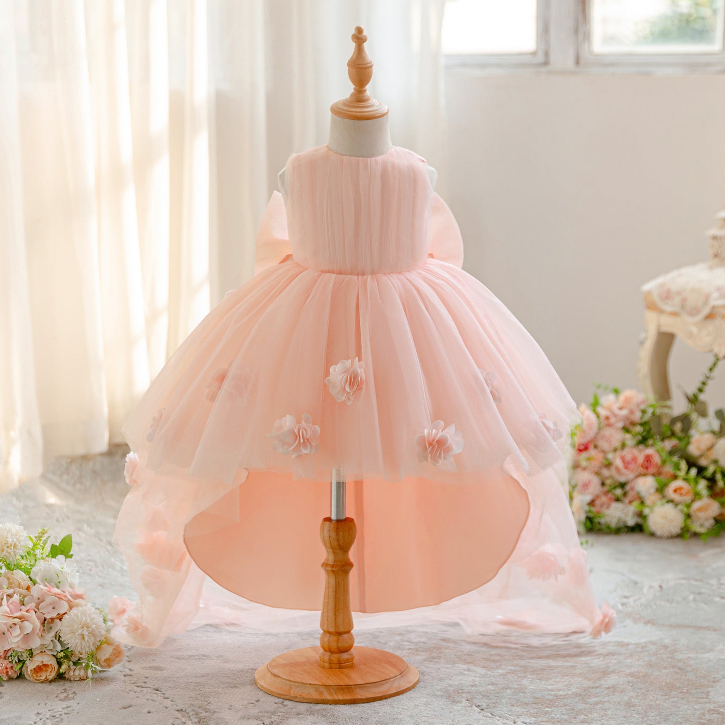Cute High-Low Tulle Appliqué Dress with Bow for Girls – Light Pink Party & Wedding Gown