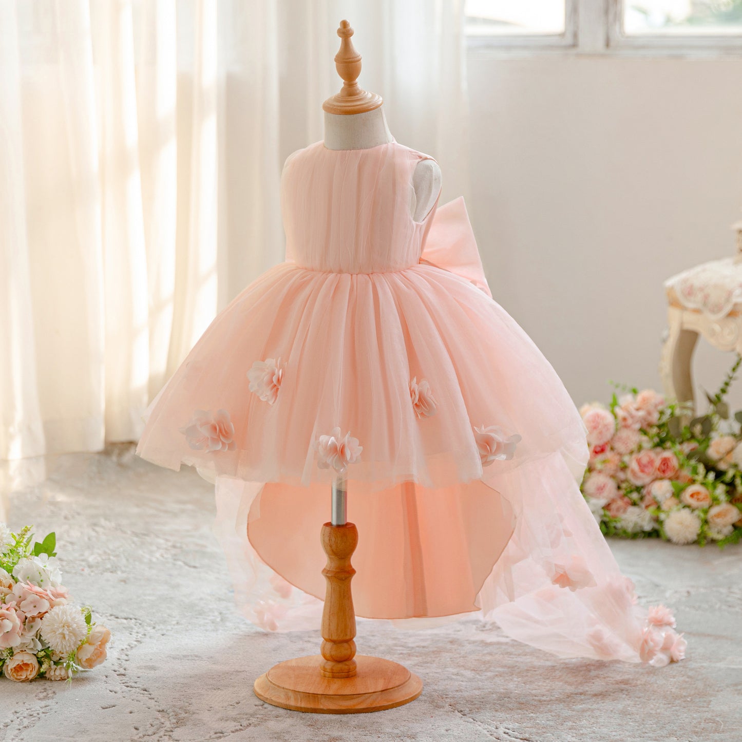 Cute High-Low Tulle Appliqué Dress with Bow for Girls – Light Pink Party & Wedding Gown