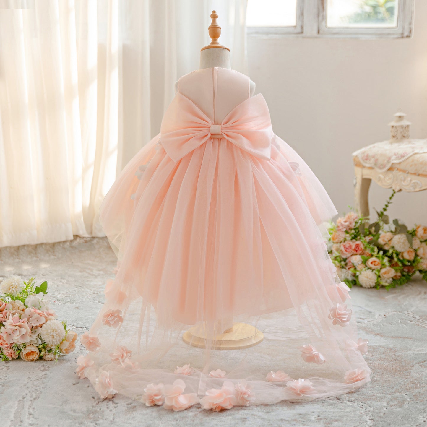 Cute High-Low Tulle Appliqué Dress with Bow for Girls – Light Pink Party & Wedding Gown