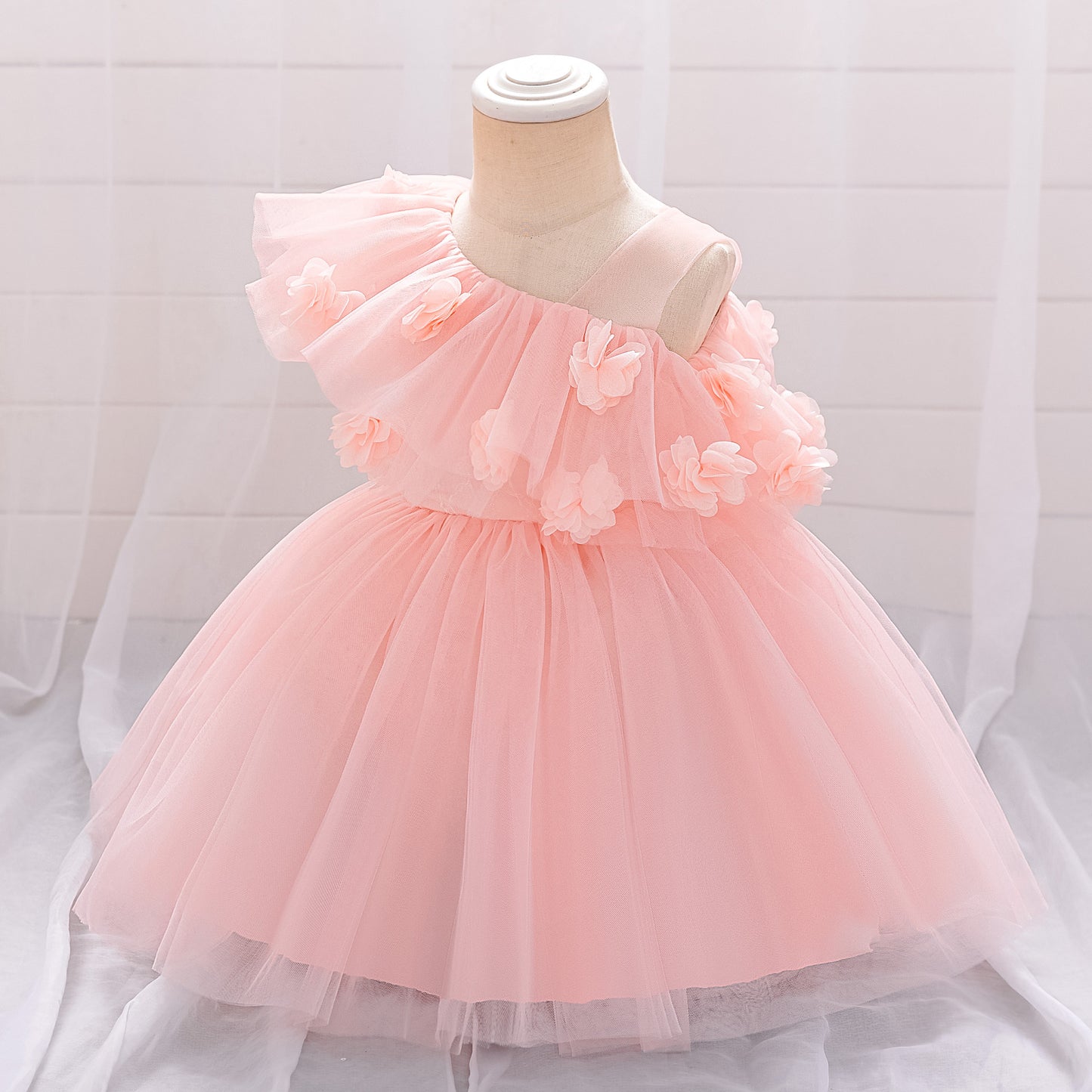 Cute Puffy Tulle Off-Shoulder Ball Gown Dress for Girls - Light Pink Tea-Length Party Dress