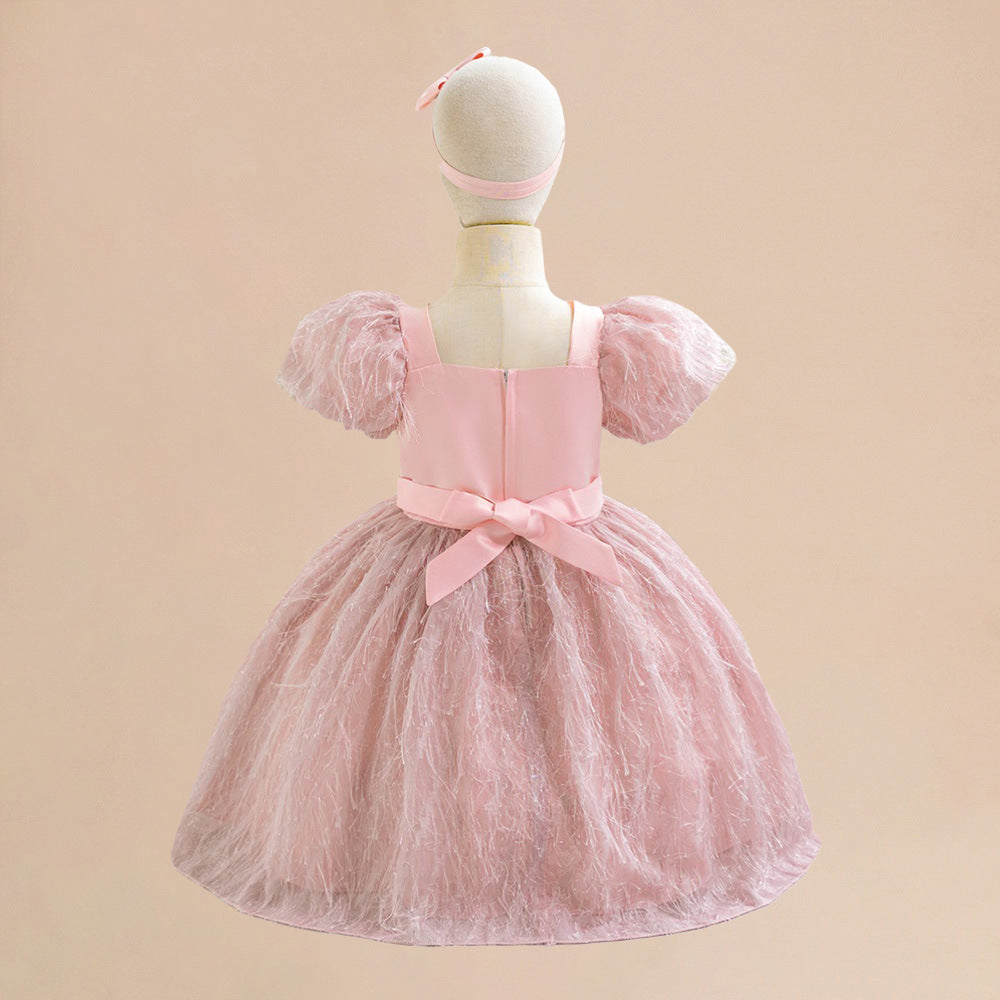 Light Pink Puff Sleeve Princess Dress for Girls – Flower Girl & Party Gown