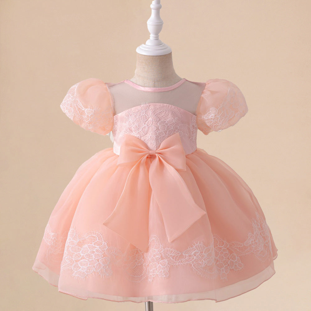 Light Pink Puffy Flower Girl Dress with Bows & Ruffles for Parties & Weddings