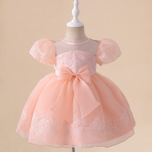 Frocklet Light Pink Puffy Flower Girl Dress with Bows & Ruffles for Parties & Weddings 1