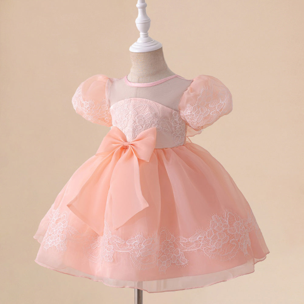 Light Pink Puffy Flower Girl Dress with Bows & Ruffles for Parties & Weddings