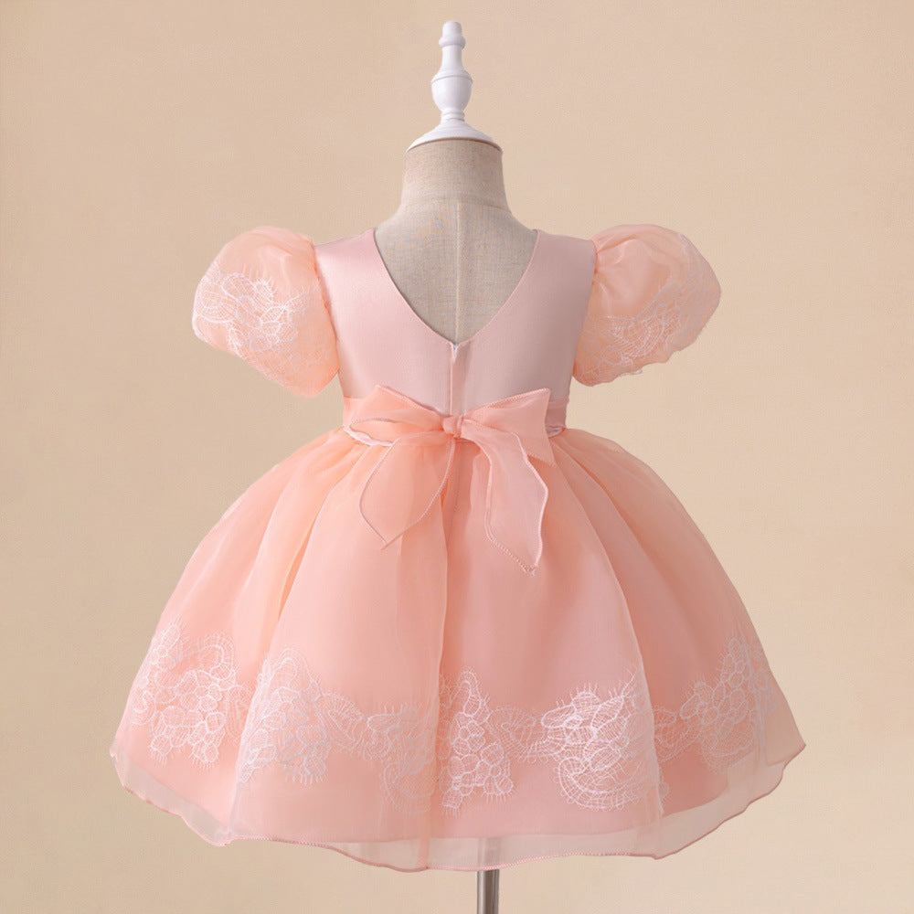Light Pink Puffy Flower Girl Dress with Bows & Ruffles for Parties & Weddings