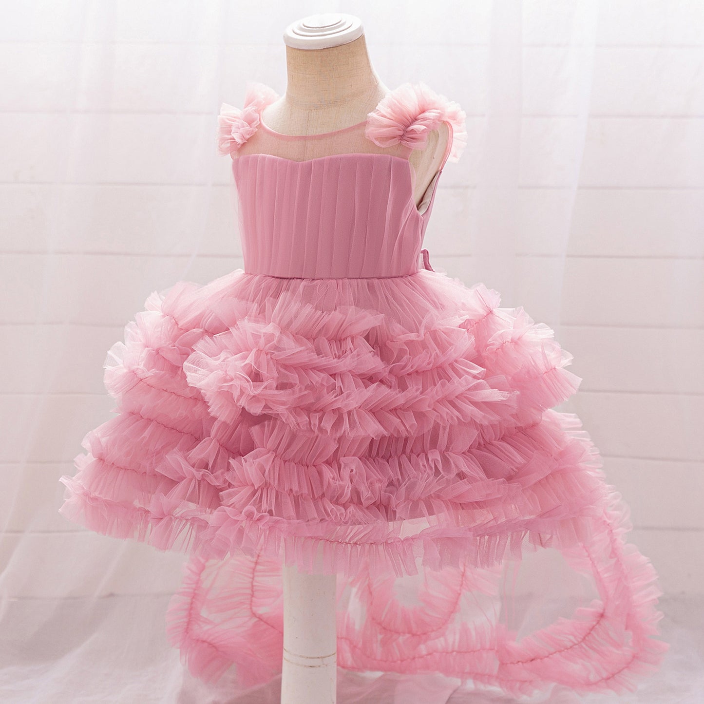 Light Pink Puffy Tulle High-Low Dress for Girls | Sweetheart Neck Ball Gown