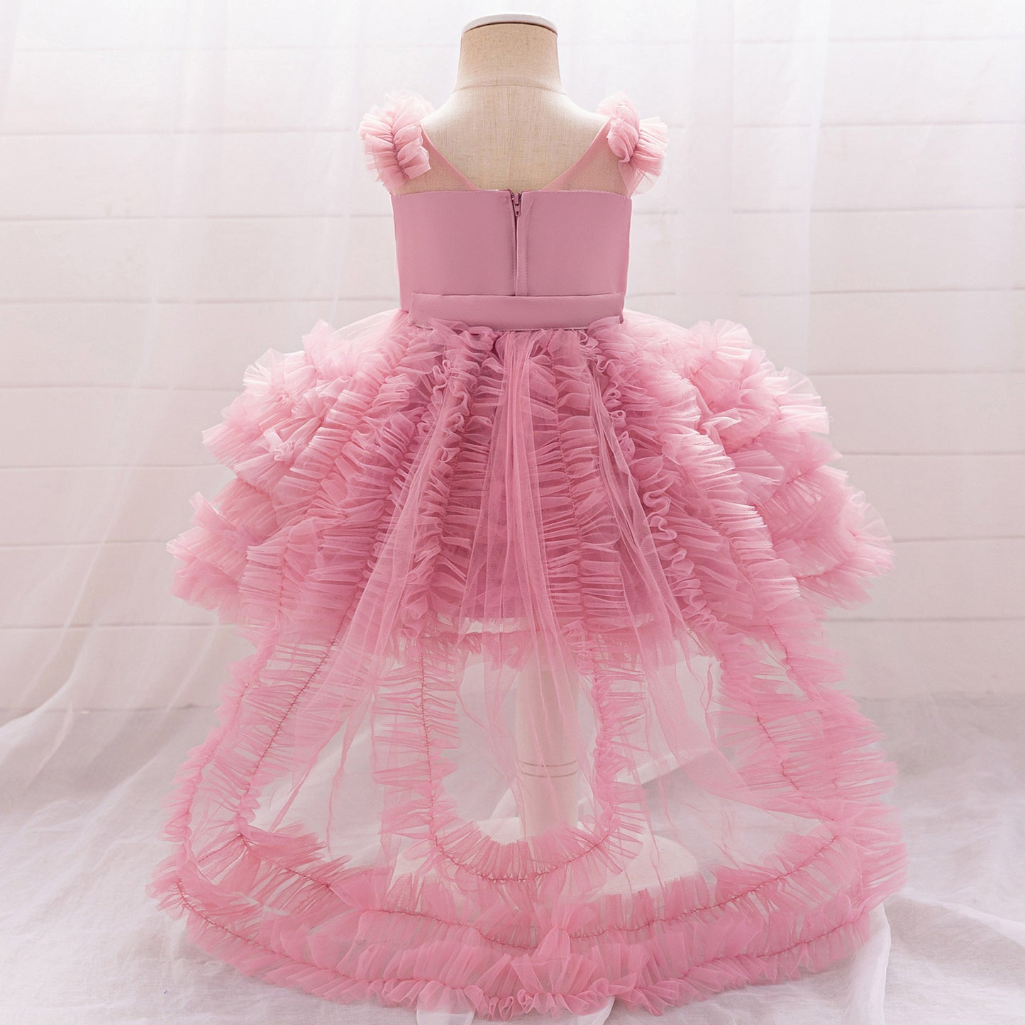 Light Pink Puffy Tulle High-Low Dress for Girls | Sweetheart Neck Ball Gown
