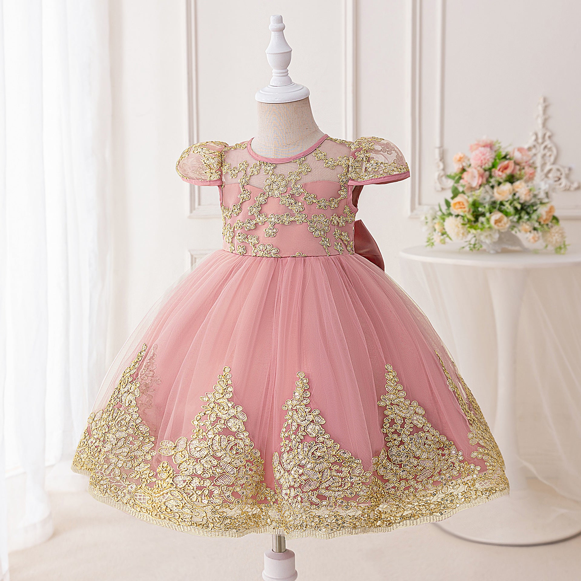 Frocklet Light Pink Puffy Princess Lace Dress for Girls – Tea Length Ball Gown 2
