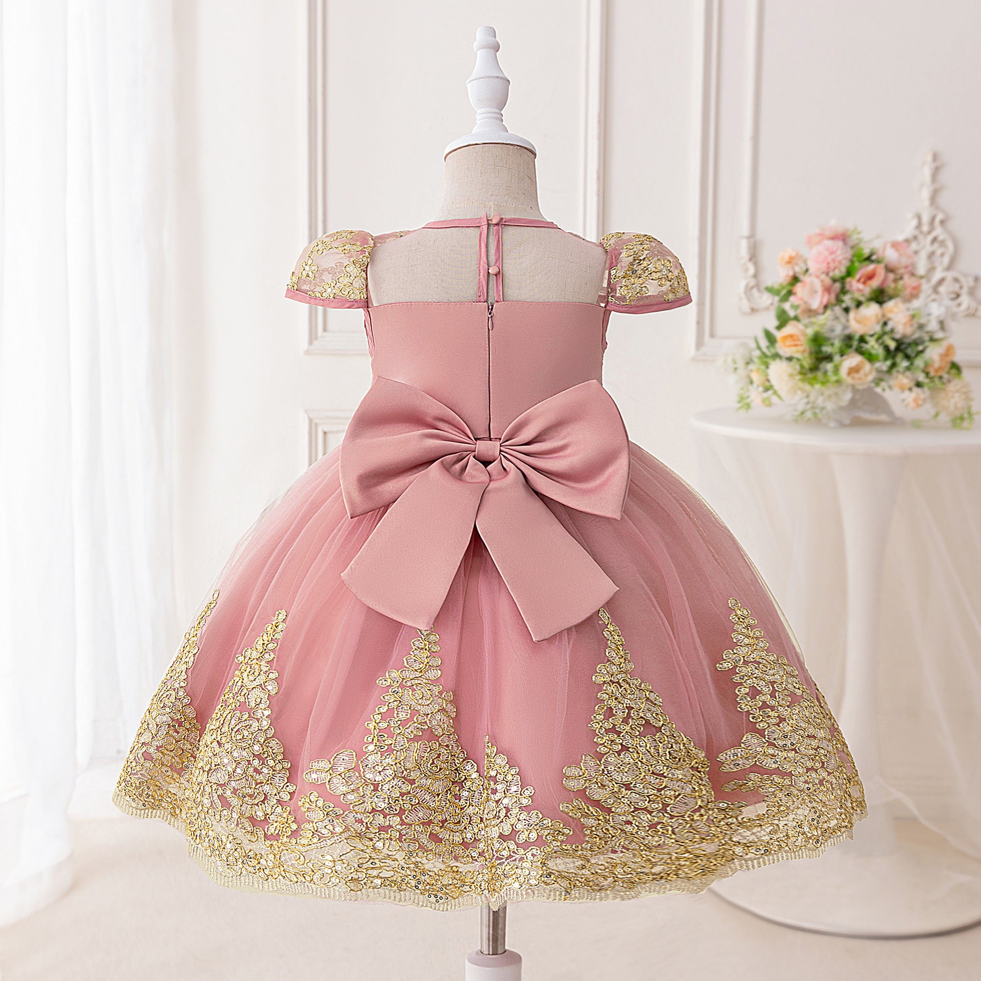 Frocklet Light Pink Puffy Princess Lace Dress for Girls – Tea Length Ball Gown 3