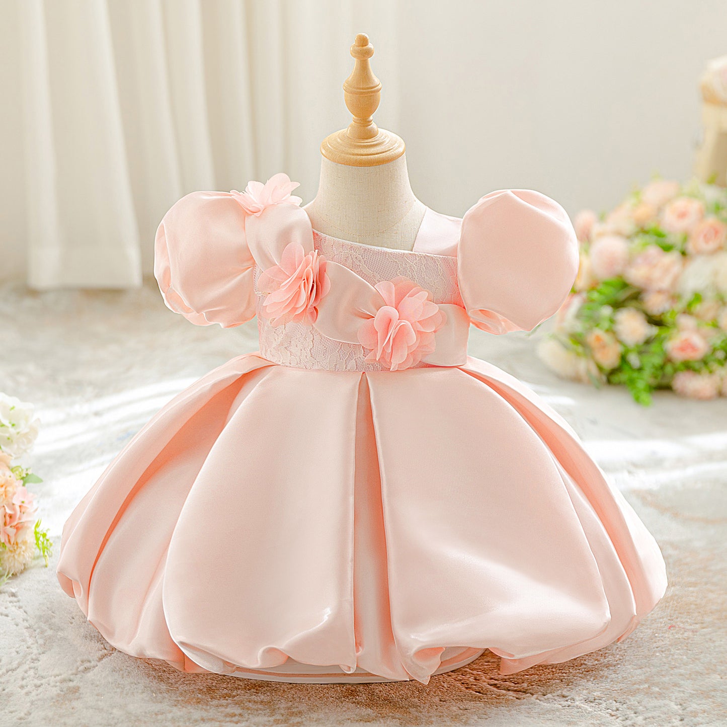 Light Pink Princess Ball Gown with Puffy Sleeves for Girls – Satin Lace Applique Dress