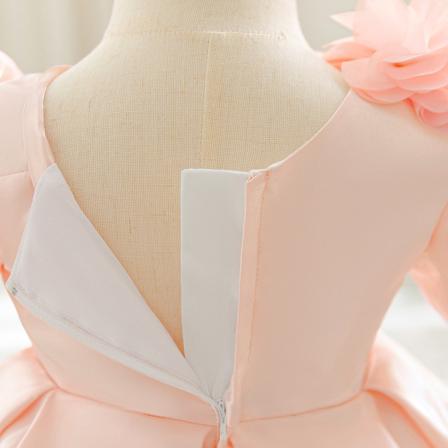 Light Pink Princess Ball Gown with Puffy Sleeves for Girls – Satin Lace Applique Dress