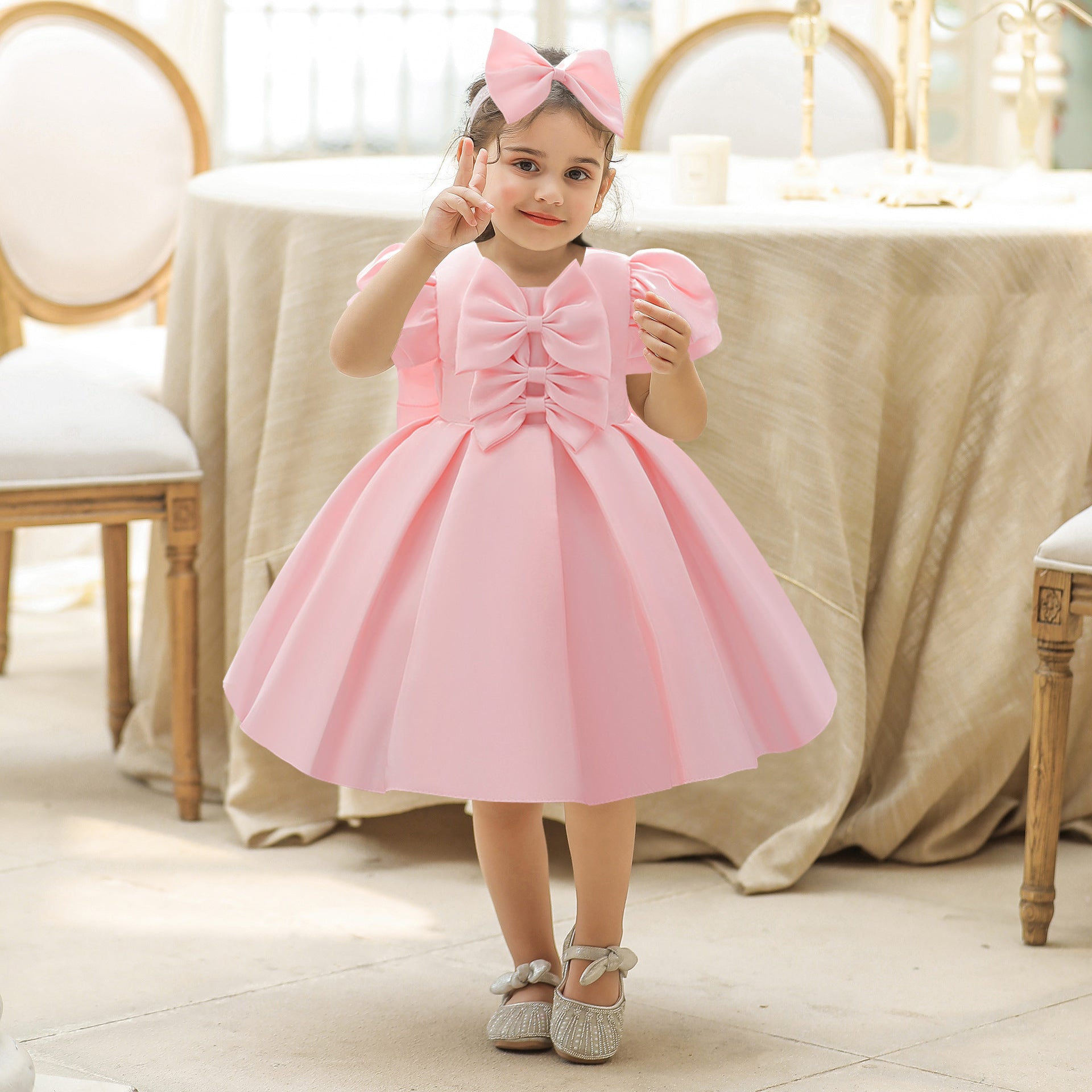 Frocklet Light Pink Toddler Princess Dress with Bow & Ruffles | Satin A-Line Party Dress 11