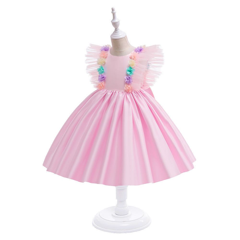 Light Pink Satin A-Line Flower Girl Party Dress with Ruffles & Flowers