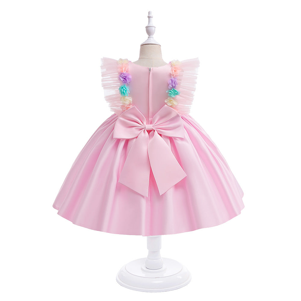 Light Pink Satin A-Line Flower Girl Party Dress with Ruffles & Flowers