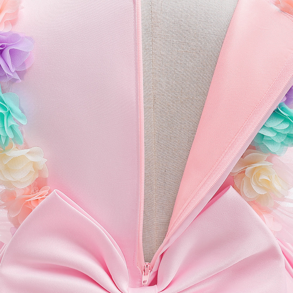 Light Pink Satin A-Line Flower Girl Party Dress with Ruffles & Flowers