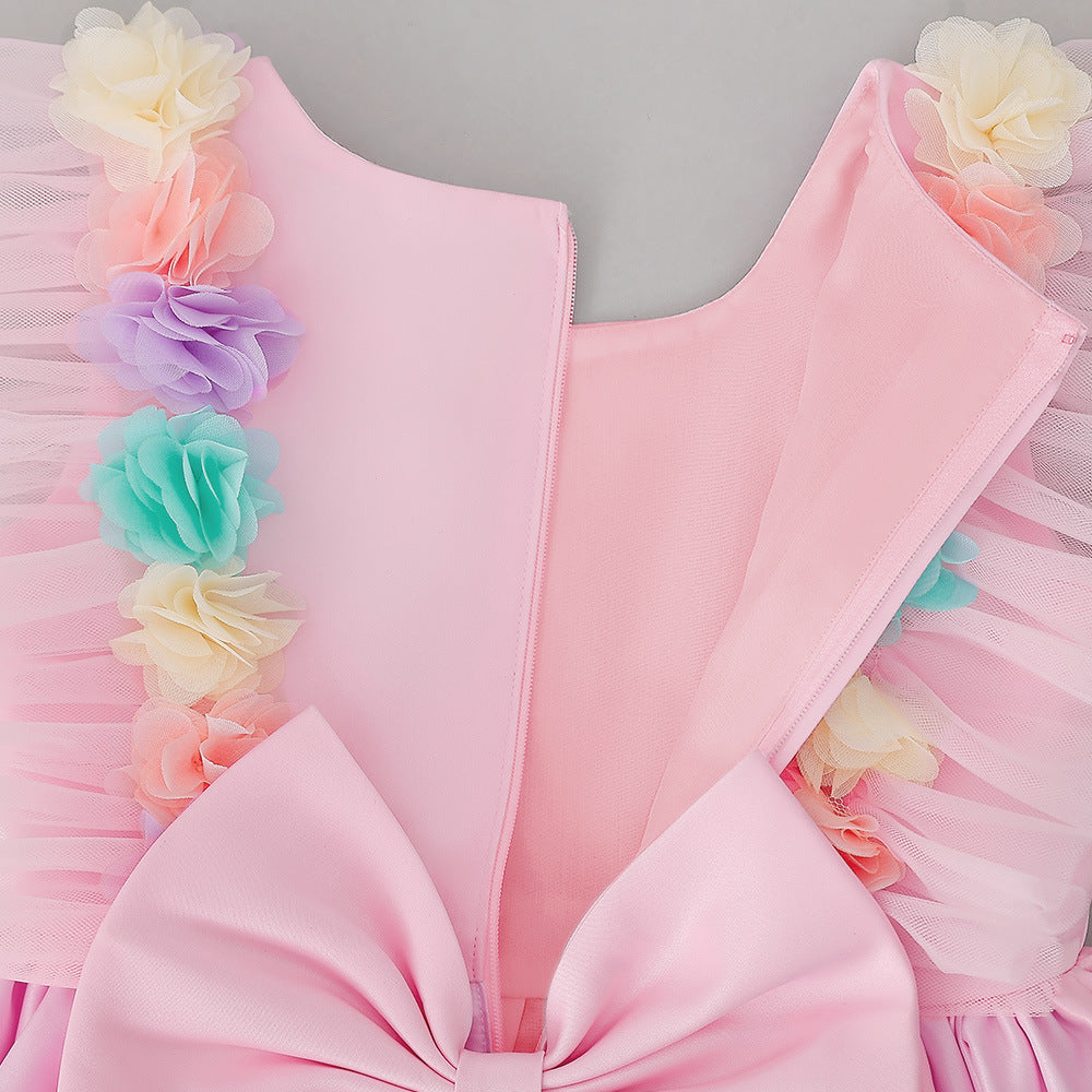 Light Pink Satin A-Line Flower Girl Party Dress with Ruffles & Flowers